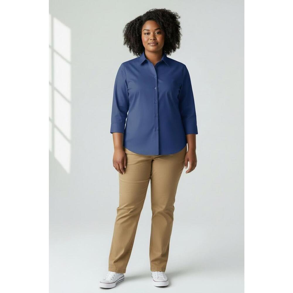 Port Authority Women's Blue 3/4 Sleeve No Iron Button Down Shirt Size XL
